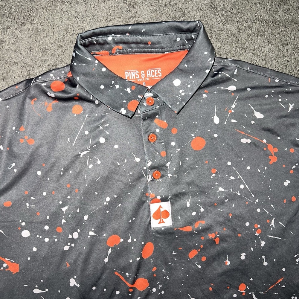 Pins & Aces Polo Shirt Mens XL Gray Paint Splatter Graphic Golf Performance